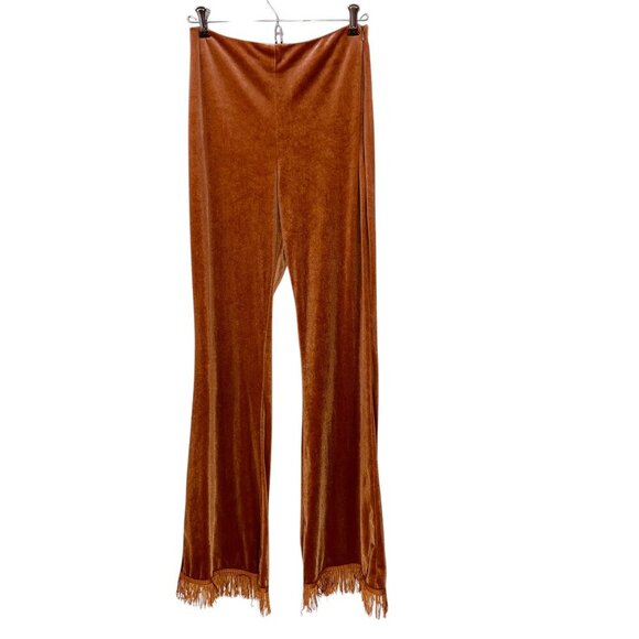 Cider Velvet Fringe Bell Bottom Pants Women's Small Flared Pull-On Copper Velour - Picture 1 of 7